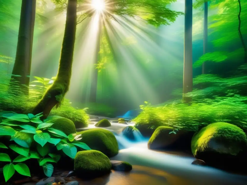 Bosque mágico de luz y naturaleza Beneficios emocionales de entornos naturales: Bosque sereno bañado en luz, árboles majestuosos, montañas misteriosas