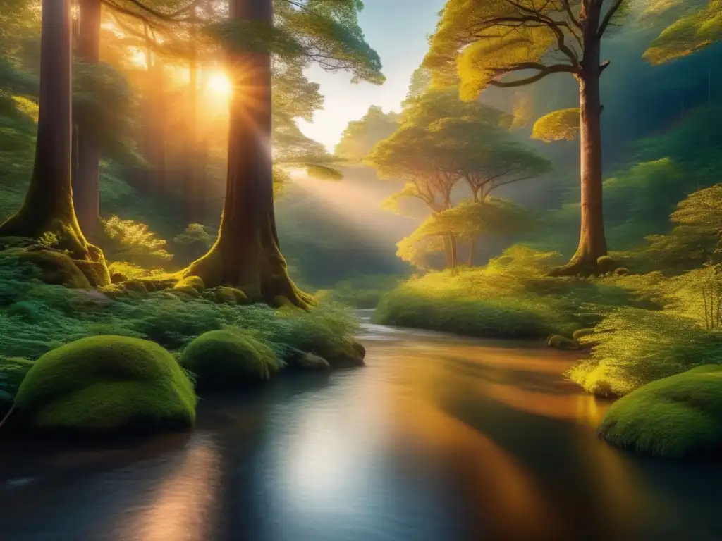 Bosque mágico iluminado por el sol al atardecer Campismo espiritual en la naturaleza: bosque encantador con río, árboles antiguos y campamento
