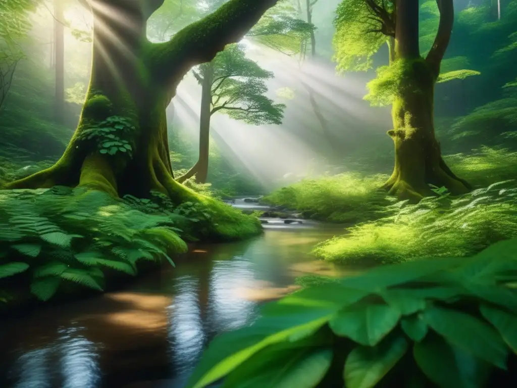 Impacto ambiental del turismo verde: Bosque exuberante con vida, luz filtrada, árboles altos, cascada majestuosa