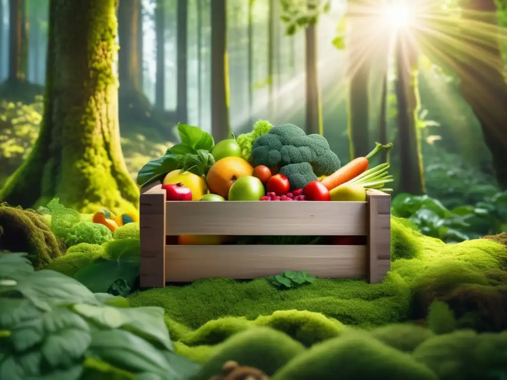 Bosque verde exuberante con frutas y vegetales frescos Bosque exuberante con rayos de sol filtrándose