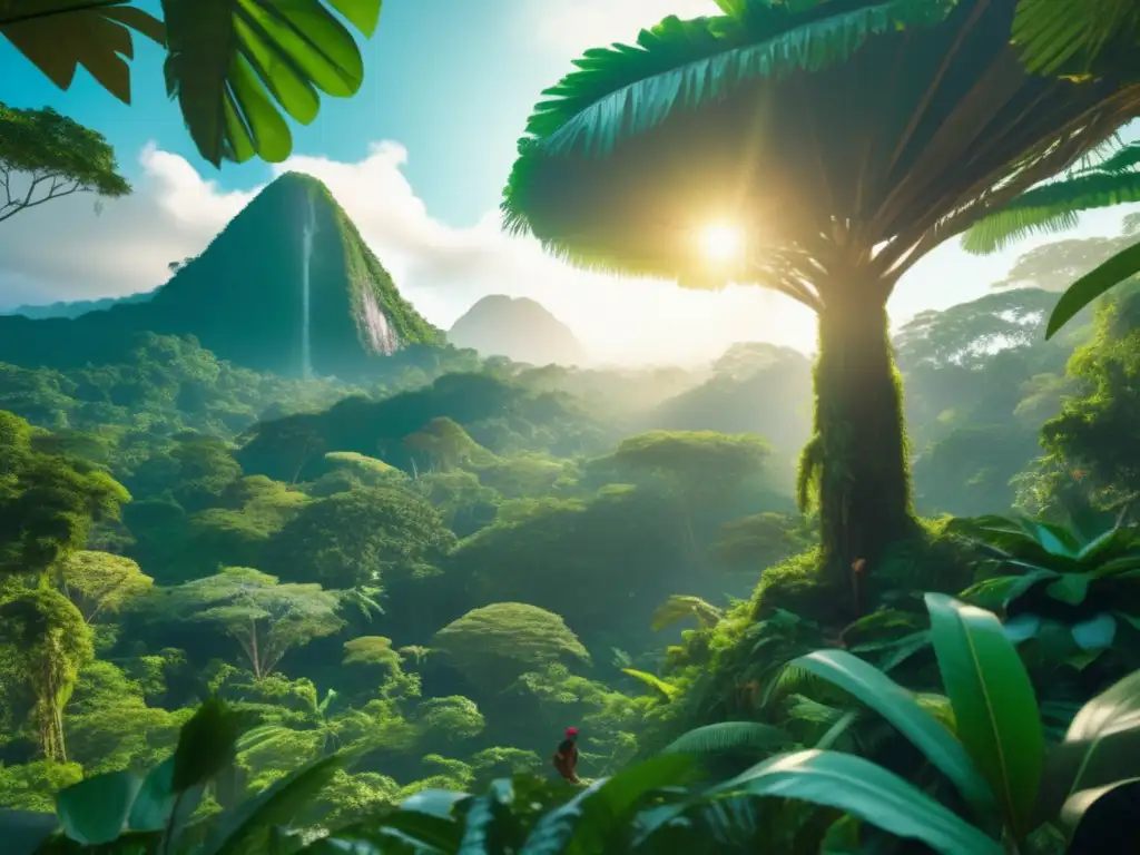Selva tropical exuberante con indígenas habilidosos Técnicas supervivencia indígenas selva tropical: Imagen impresionante de una exuberante selva tropical, donde se destacan las habilidades y conocimientos de los indígenas en la artesanía de trampas y su dominio de la vida en la selva