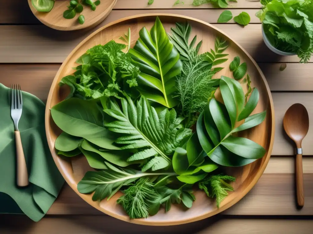 Ensalada de hojas verdes silvestres en plato de madera Una exuberante escena de bosque con plantas comestibles, resaltando una ensalada de hojas verdes salvajes con hierbas aromáticas y un aderezo fresco