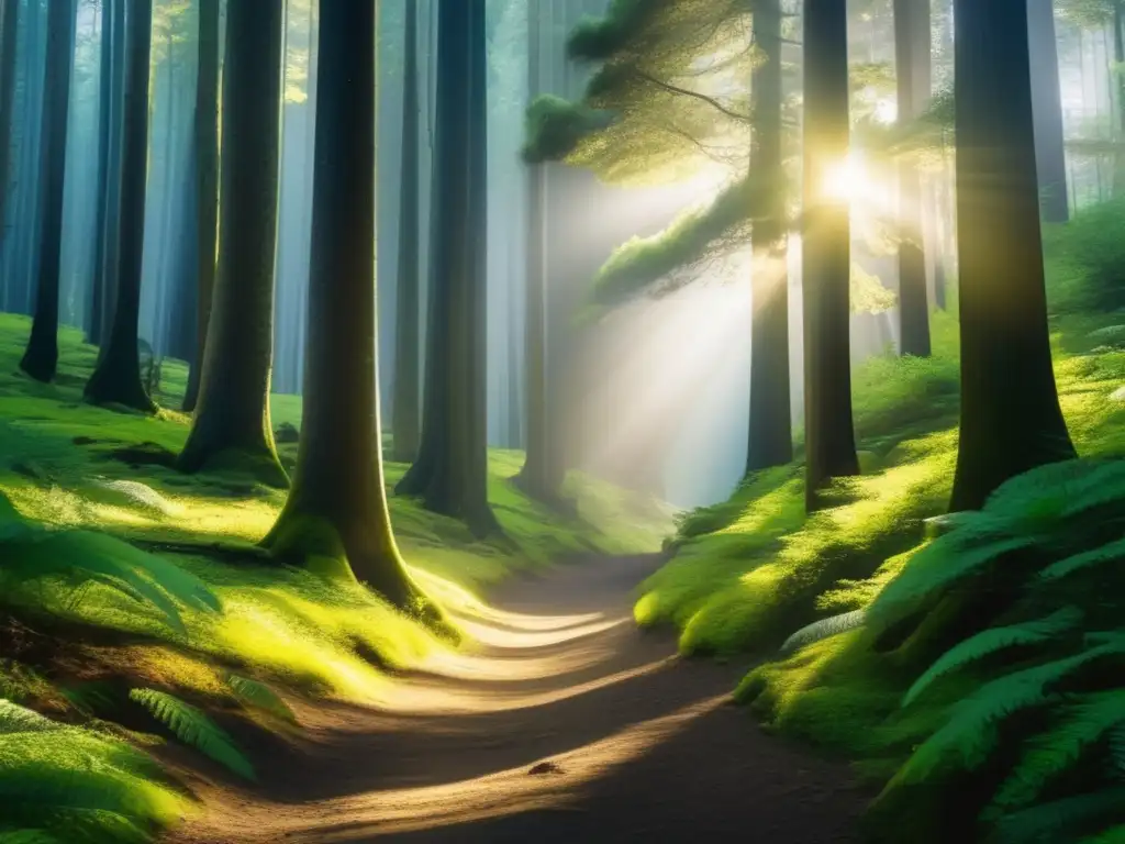 Senderismo ético: Conexión con la naturaleza Senderismo ético: Dejar sin rastro en un bosque sereno y exuberante, con sendero invitador, musgo y arroyo, conexión con la naturaleza