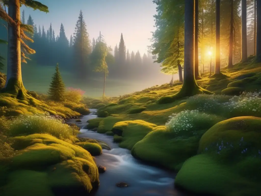 Bosque sereno al atardecer Impacto del camping en la naturaleza: Bosque virgen al atardecer, árboles majestuosos, río tranquilo y mágico ambiente