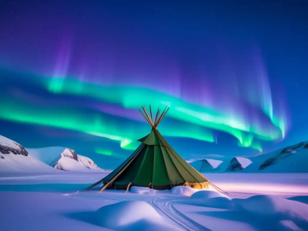 Paisaje helado en el Ártico con auroras boreales Técnicas de acampada sami en el Ártico: noche invernal en la vasta y helada tundra con auroras boreales y montañas nevadas