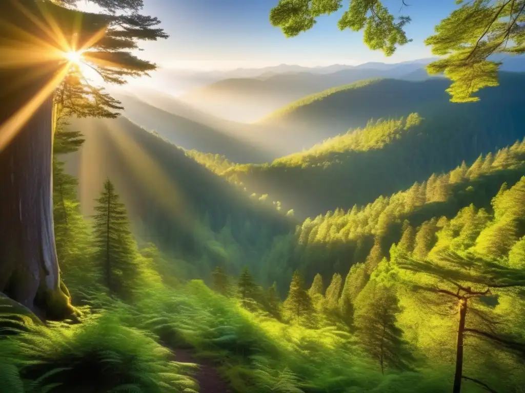 Bosque encantado con sendero y montañas Impacto ambiental del turismo de senderismo y camping en una impresionante imagen de naturaleza
