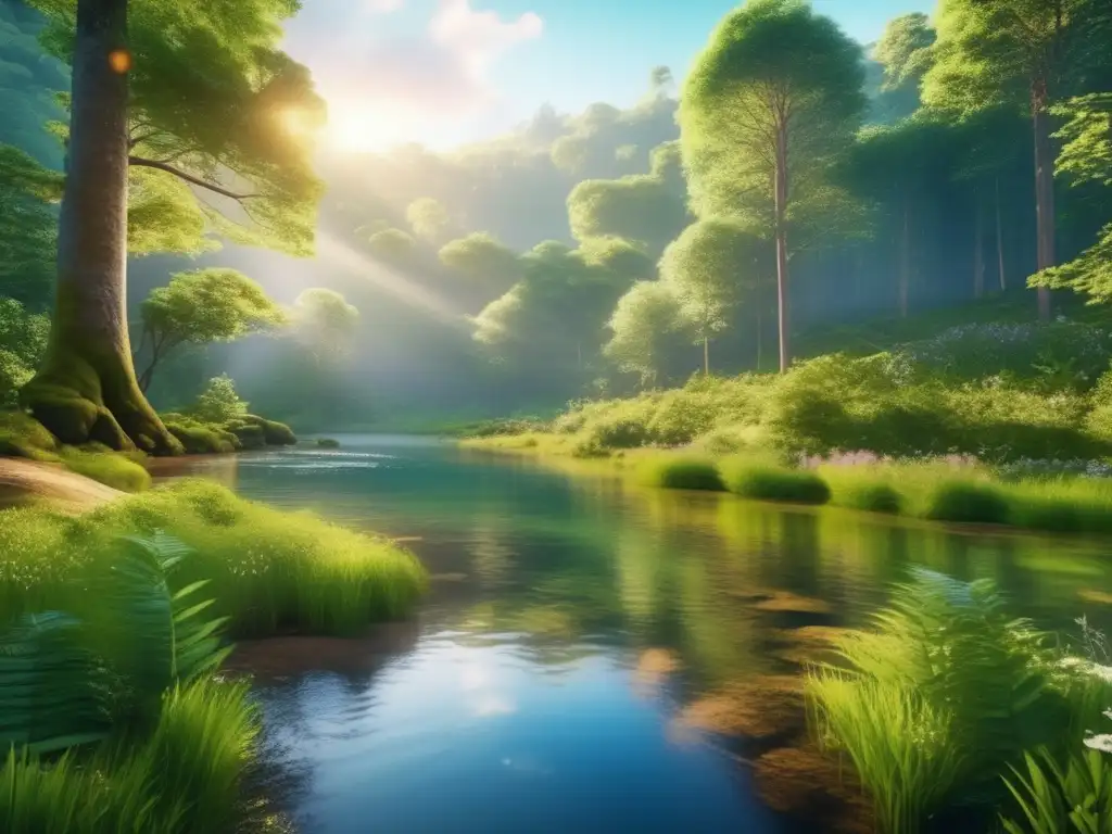 Paisaje natural protegido para acampar sosteniblemente Acampada sostenible en áreas protegidas: paisaje natural sereno con bosque exuberante, río cristalino y montañas nevadas misteriosas