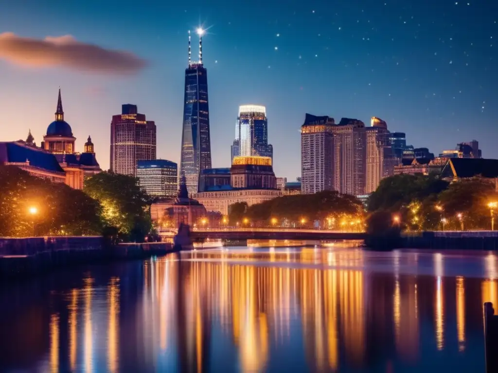 Técnicas fotografía nocturna avanzadas: ciudad nocturna con cámara y trípode, luces reflejadas en río, aire de misterio (110 caracteres)