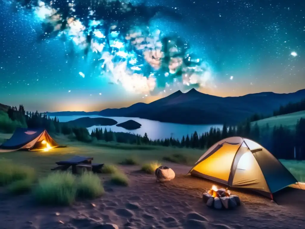 Noche estrellada en el camping Fotografía Vía Láctea en camping: cielo nocturno impresionante con estrellas, camping pintoresco y atmósfera mística