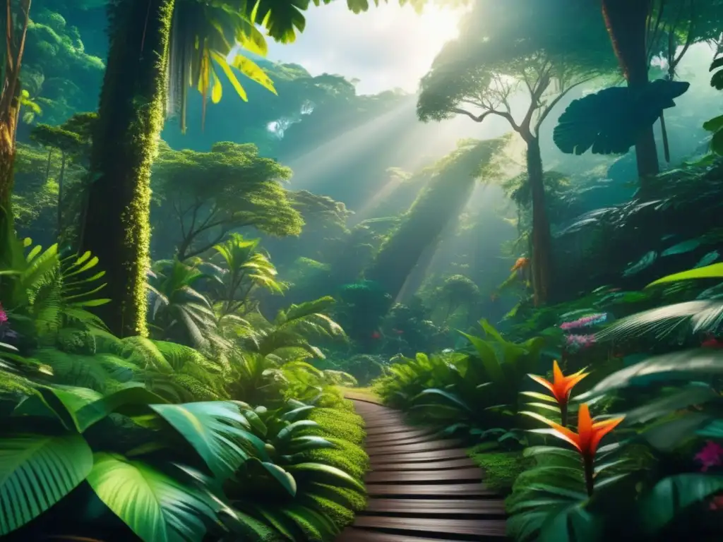 Senderismo en la selva: simbolismo espiritual, vista 8k de exuberante bosque tropical, árboles altos, vegetación exótica y cascada misteriosa