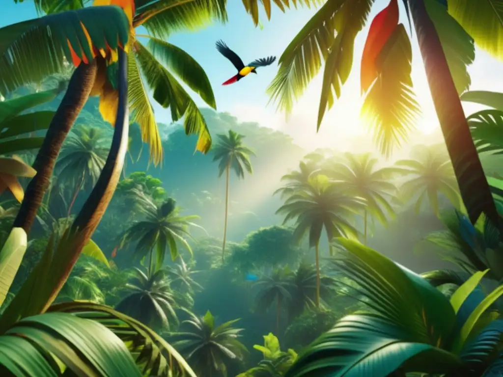 Impacto ambiental turismo verde: Lush tropical rainforest with vibrant wildlife, mesmerizing light and waterfalls