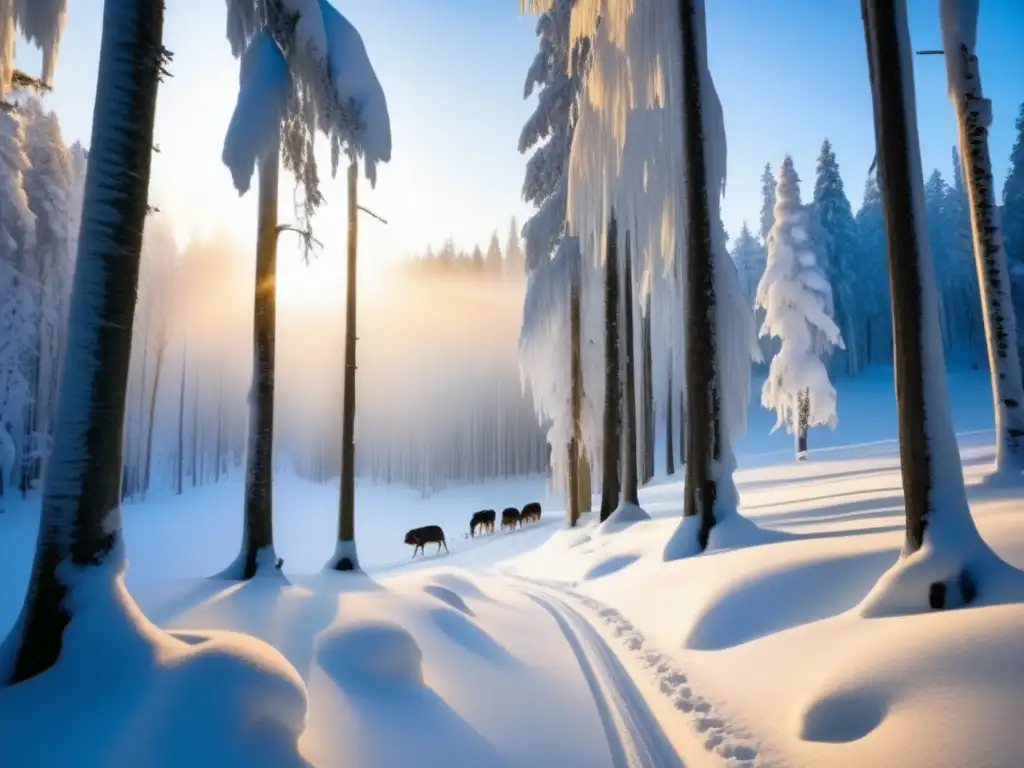 Magia invernal: Ritual en la nieve Rituales invierno naturaleza quietud en imagen de bosque nevado con árboles, icicles y majestuoso venado