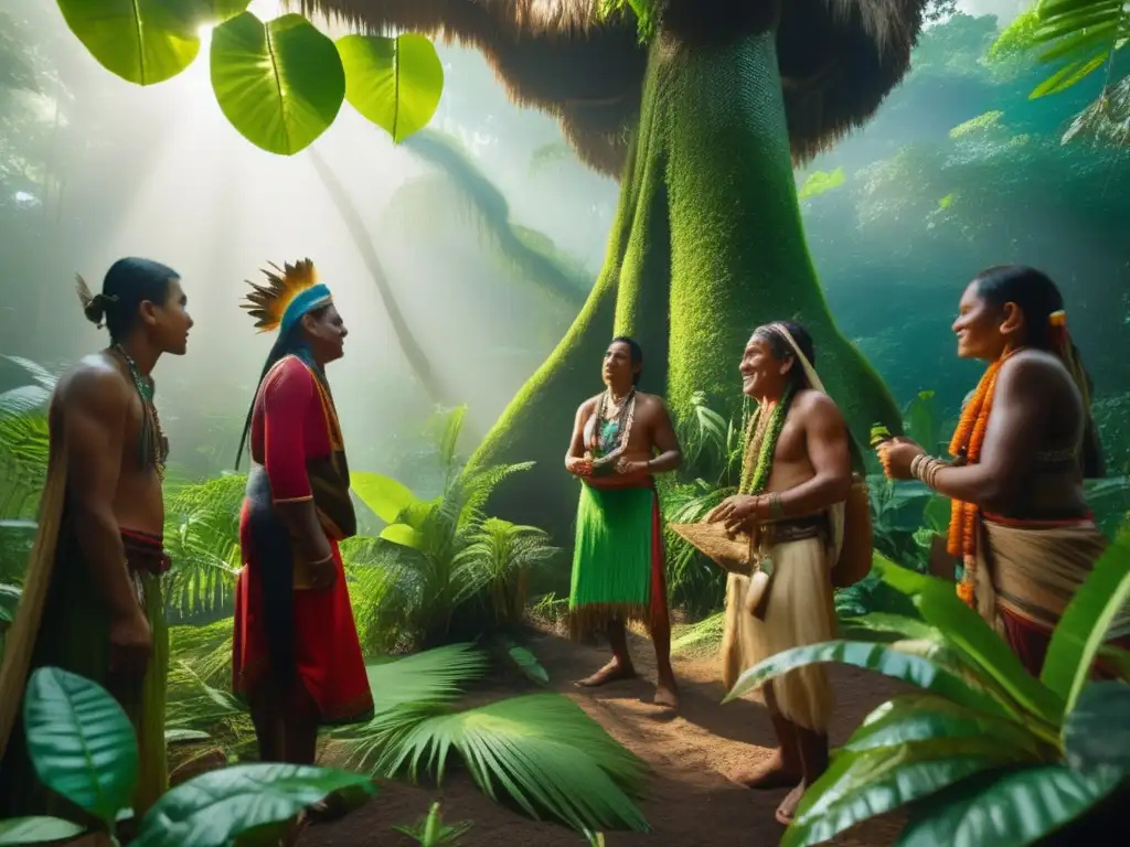 Sabiduría ancestral en la selva Técnicas supervivencia indígenas selva tropical: grupo indígenas explorando y compartiendo conocimientos en la exuberante jungla