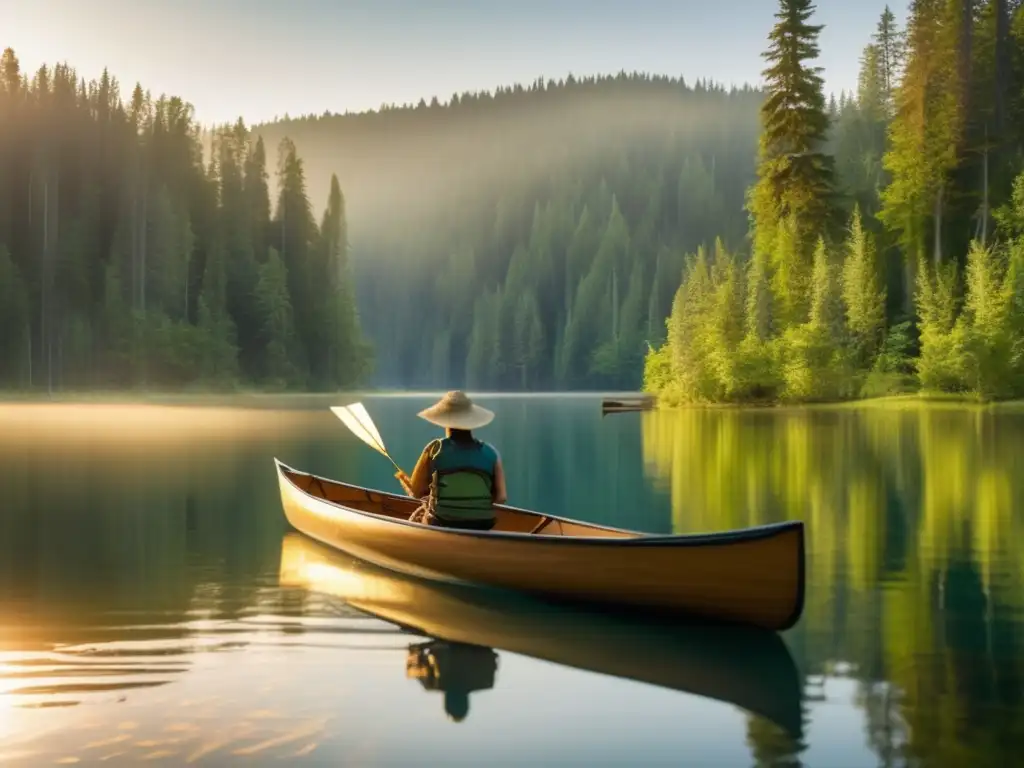 Serenidad en un lago verde Técnicas nativas de pesca y caza en camping con paisaje sereno de lago, naturaleza exuberante y pescador experto en canoa
