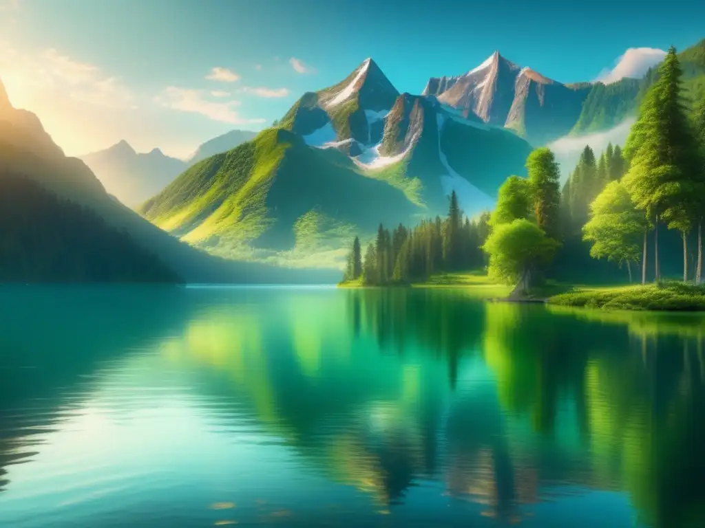 Paisaje natural sereno junto a un lago tranquilo Beneficios yoga y meditación en naturaleza: paisaje sereno, bosque exuberante, montañas majestuosas, agua cristalina, muelle de madera, tranquilidad
