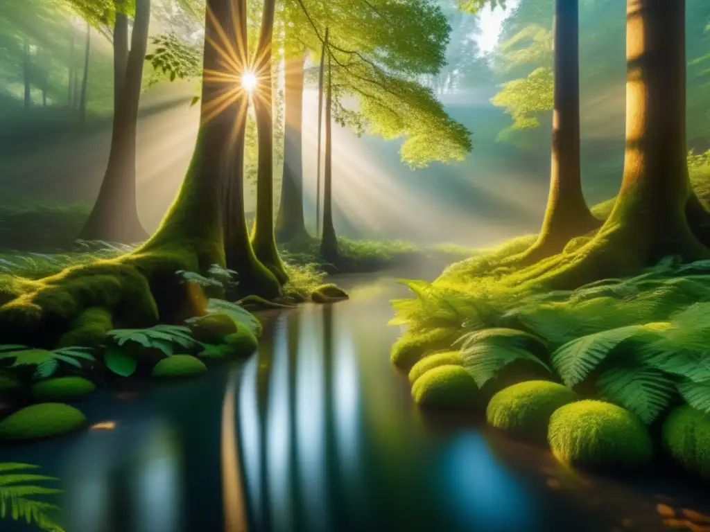 Bosque sereno bañado en luz dorada Beneficios senderismo campismo espiritual: Bosque sereno, río cristalino, montañas místicas