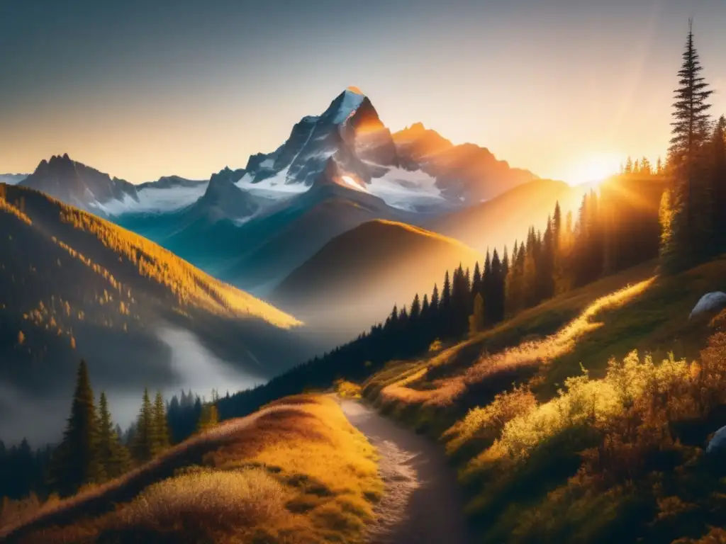 Paisaje montañoso al amanecer con sendero y excursionista Comunicación con la naturaleza a través del senderismo en una imagen de montañas nevadas y sendero en el bosque al amanecer