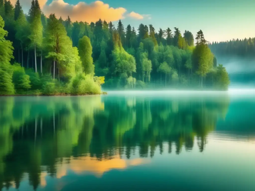 Fotografía de naturaleza con reflejos creativos en un bosque sereno al amanecer