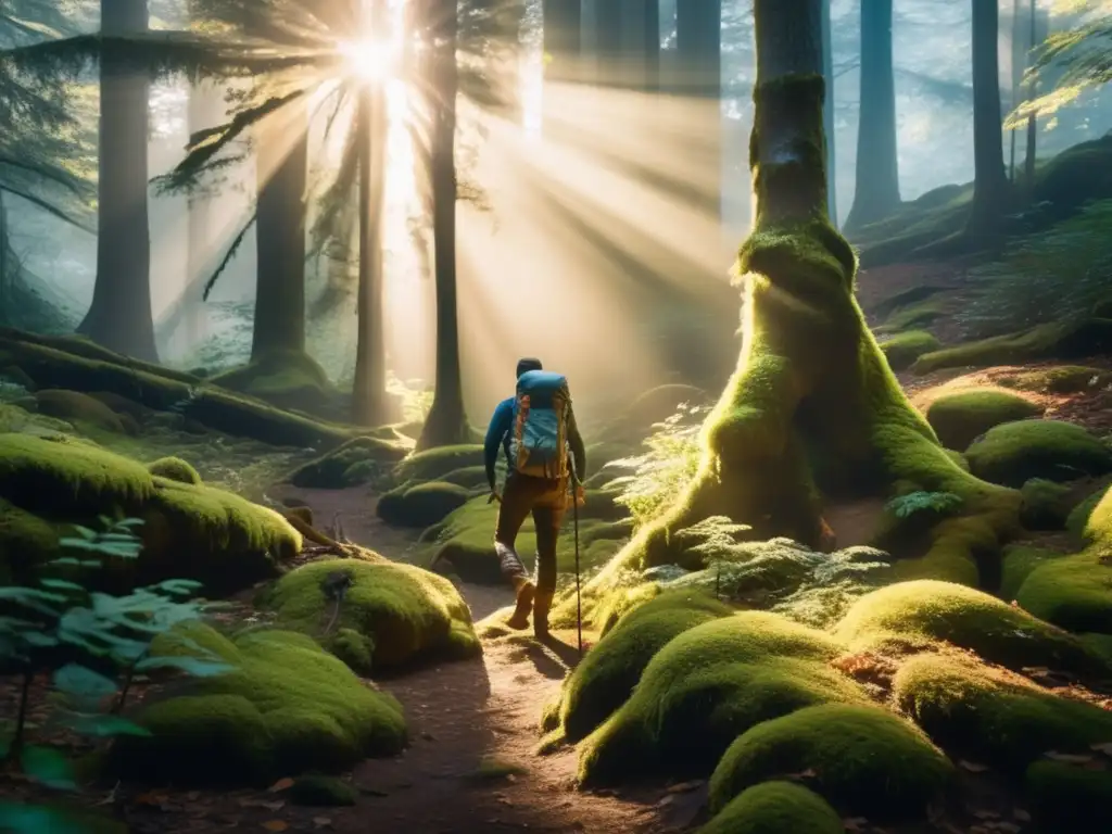 Hiker explores mystical forest Mapa topográfico: Senderismo y camping - Aventura en un bosque místico con hiker y mapa