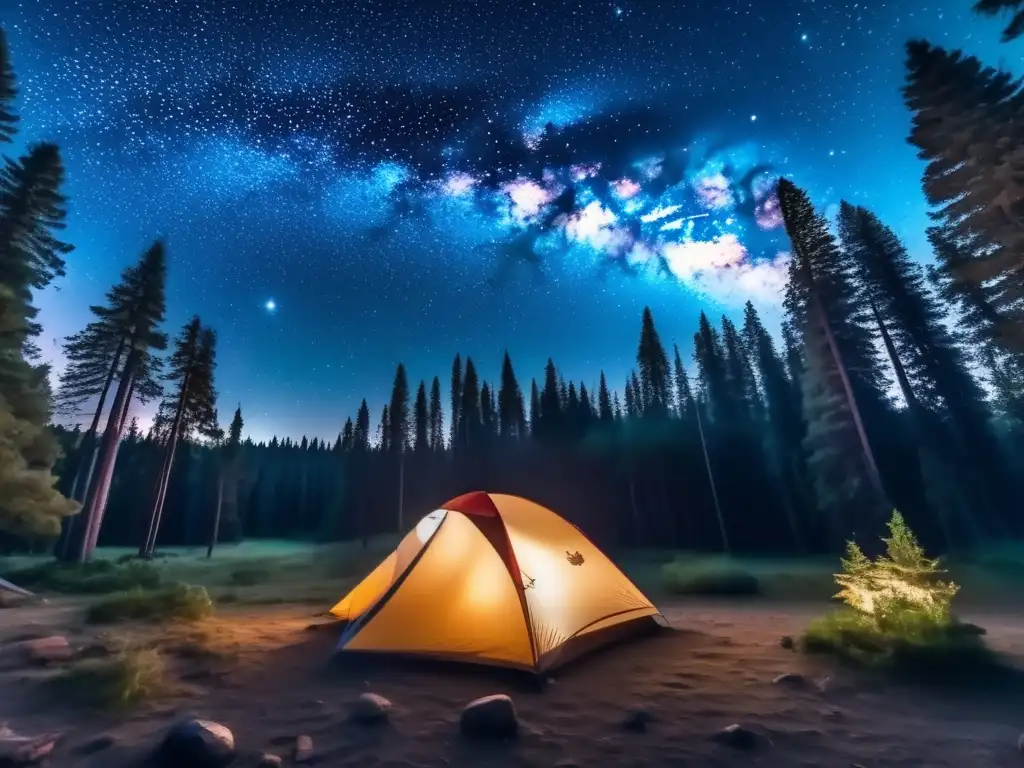 Noche estrellada, campamento bajo la Vía Láctea Fotografía Vía Láctea camping: noche estrellada con tienda de campaña entre árboles altos