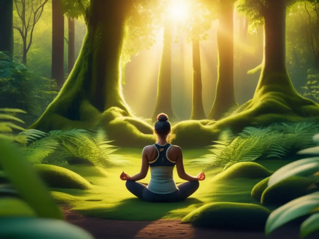 Meditación en bosque tranquilo Beneficios yoga y meditación en naturaleza: persona medita en bosque sereno y místico, rodeado de árboles antiguos y vibrante vegetación