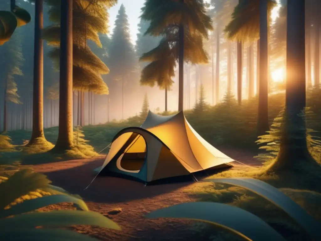 Bosque misterioso con tienda moderna Historia accesorios de acampada en bosque encantador con tienda moderna, fogata y misterio