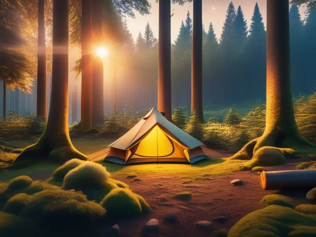 Bosque misterioso en 8k al atardecer Beneficios del campismo espiritual en la naturaleza: Sereno bosque antiguo con árboles altos, luz dorada filtrándose y un acogedor campamento