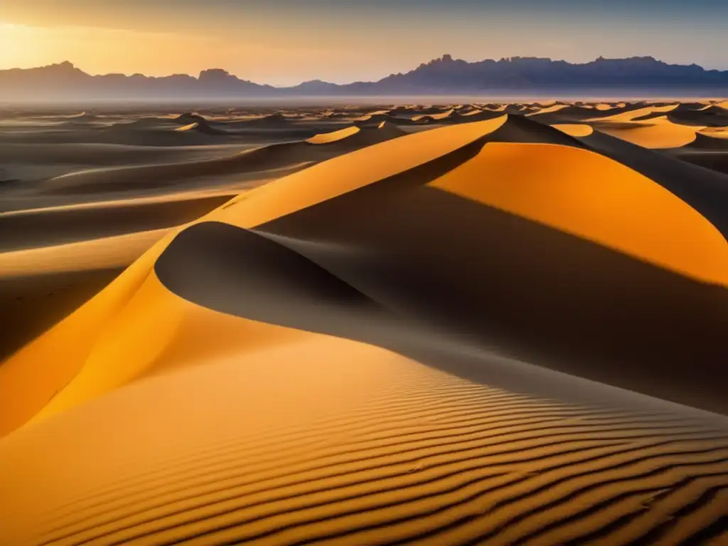 Desierto dorado y misterioso Paisaje desértico con dunas doradas, rocas imponentes y cielo azul - Orientación en zonas desérticas