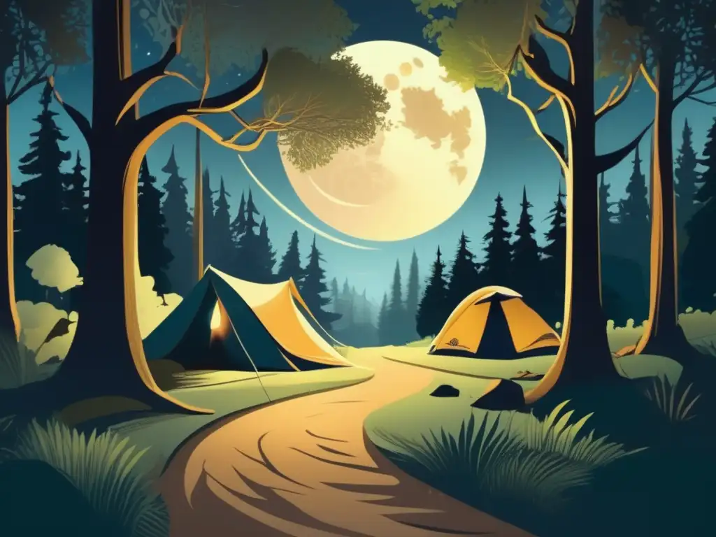 Sendero místico iluminado por la luna Senderismo místico y acampada en la naturaleza: Un bosque sereno iluminado por la luna