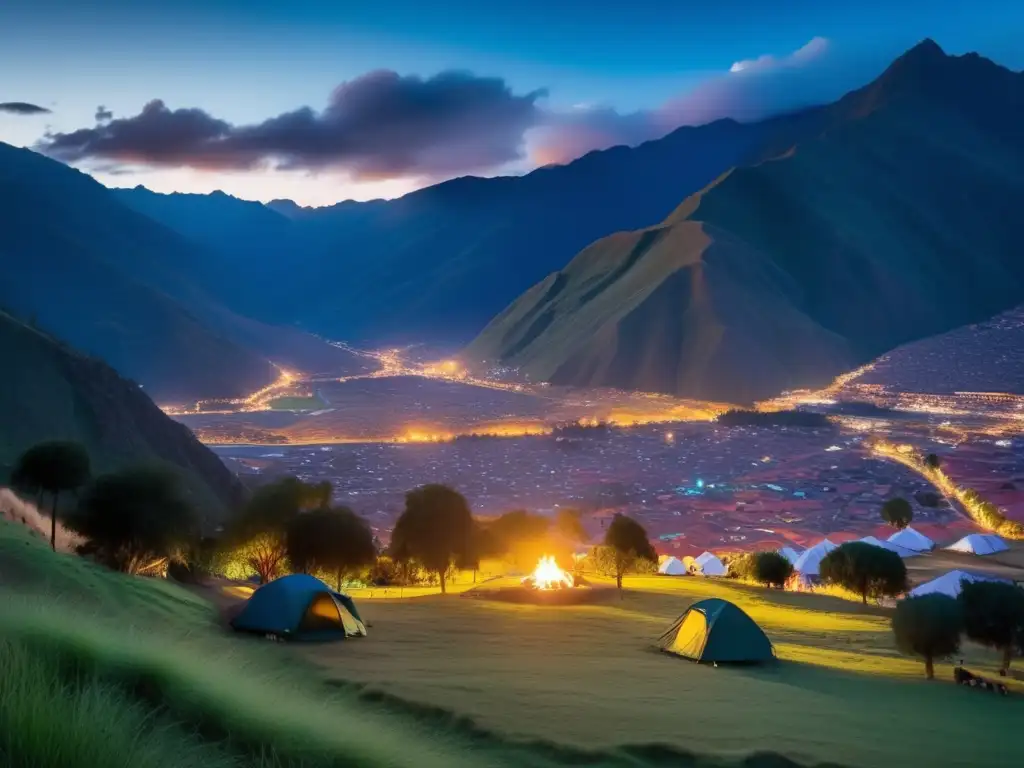Atardecer místico en Cuzco: campamento rodeado de montañas Acampada en Cuzco Místico: Explorando los misterios incas