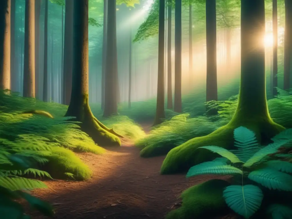 Bosque misterioso al atardecer Bosque misterioso al atardecer con luz filtrada por árboles altos y colores vibrantes, ley de protección en áreas de acampada