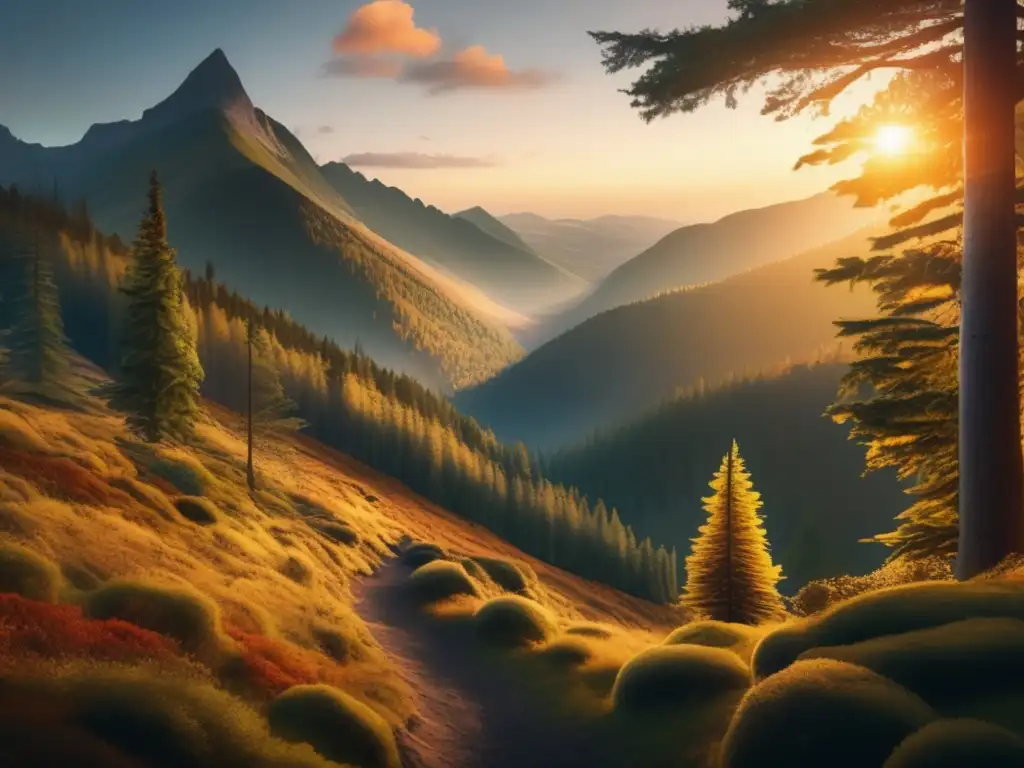 Paisaje montañoso al atardecer en bosque místico Senderismo místico y acampada en la naturaleza bajo el cielo crepuscular
