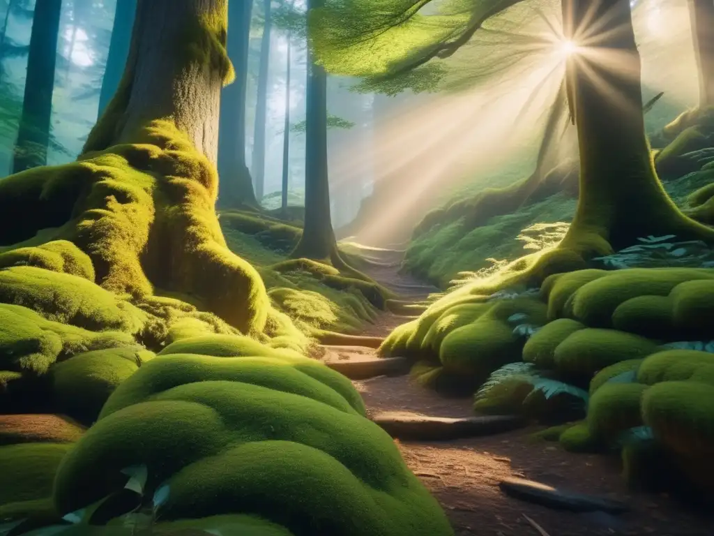 Mágico senderismo en bosque antiguo Senderismo místico y acampada en la naturaleza: una imagen 8k ultradetallada que captura la esencia de la naturaleza mística
