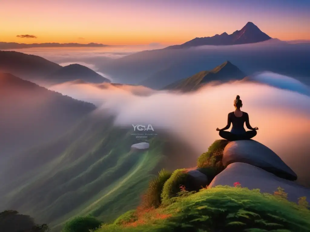 Yoga en la montaña al amanecer Beneficios yoga en montaña: Serenidad, coloridos paisajes, practicante de yoga en cumbre, fuerza y flexibilidad, naturaleza espiritual