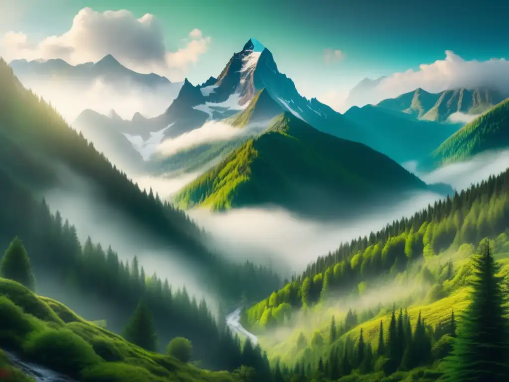 Impacto ambiental del turismo verde: imagen 8k de montaña neblinosa, árboles verdes y picos nevados, invita a aventuras en la naturaleza