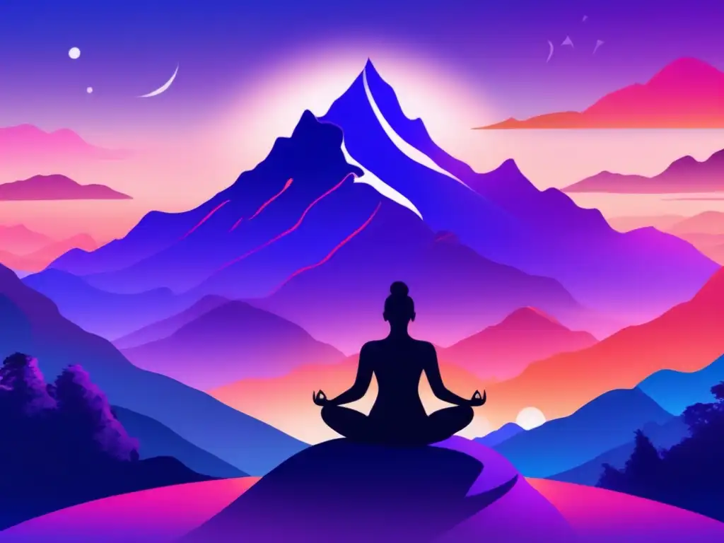 Yoga al amanecer en la montaña Beneficios yoga en montaña: imagen de un amanecer místico con una persona practicando yoga en una hermosa montaña