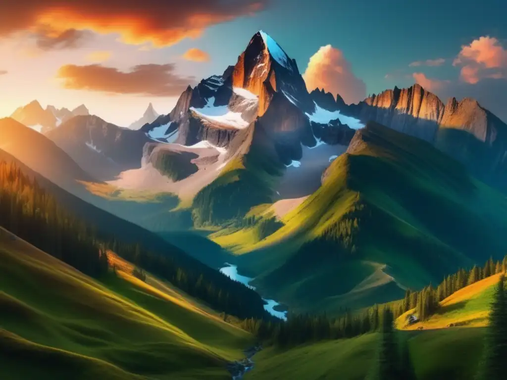 Majestuosa montaña al atardecer Impacto ambiental del turismo en la naturaleza: majestuosas montañas, bosques verdes y senderos misteriosos