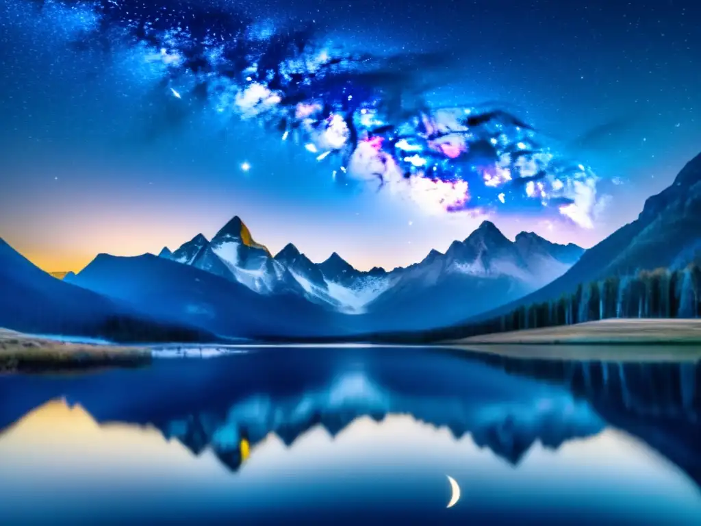 Majestuosa montaña bajo cielo estrellado Fotografía nocturna paisajes naturaleza: Montañas majestuosas, cielo estrellado, lago tranquilo y belleza celeste