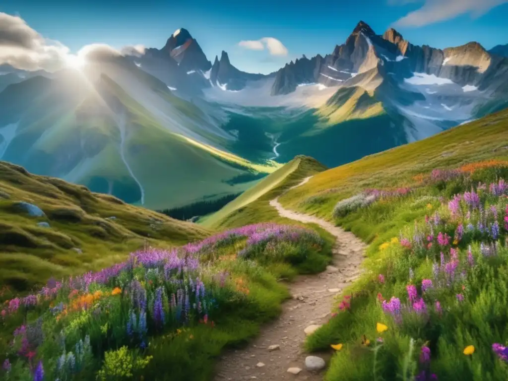 Majestuoso paisaje montañoso con sendero y hikers Impacto del senderismo en la reducción del estrés: majestuosa montaña, picos nevados, sendero serpenteante, naturaleza vibrante