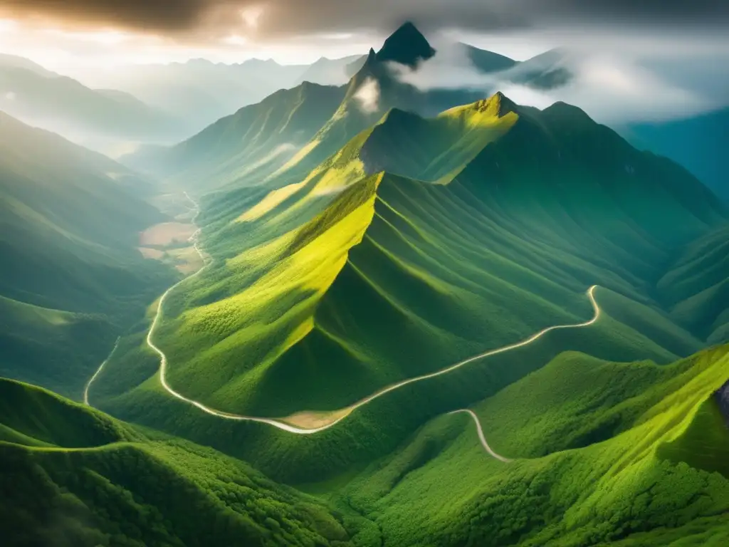 Impresionante vista aérea de una cordillera verde con niebla Paisaje montañoso con senderistas y beneficios de mapas topográficos en senderismo y camping