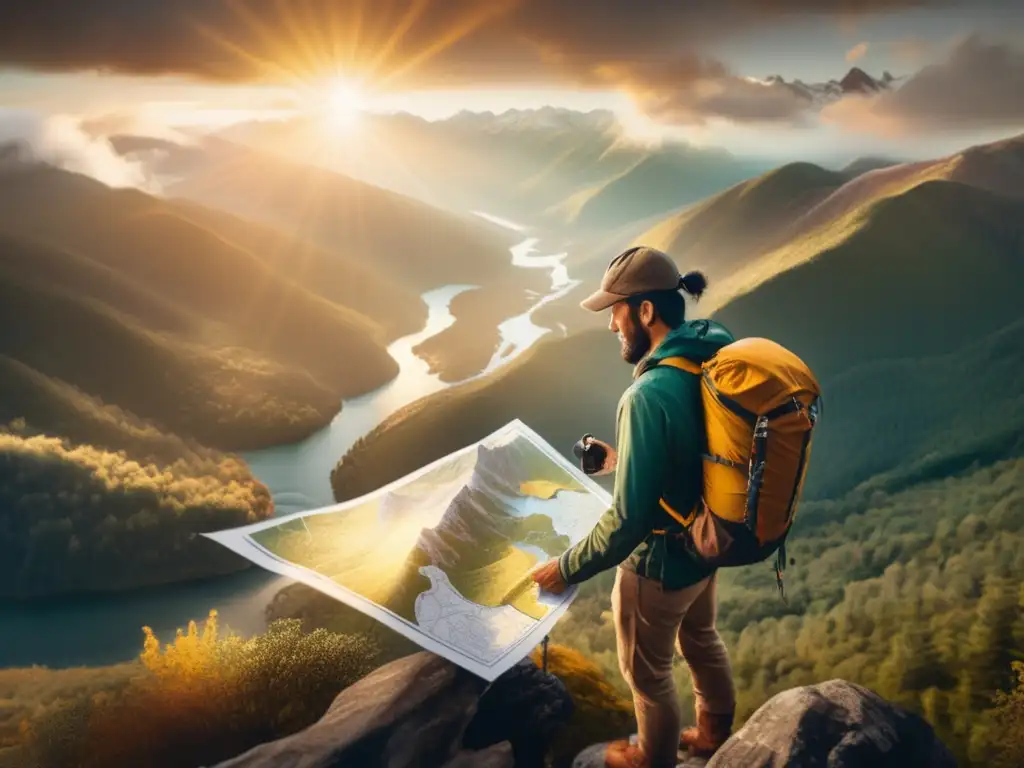 Hiker en la cima de la montaña con mapa y brújula Hiker en cima montaña con mapa y brújula, rodeado de paisaje montañoso, bosques y ríos