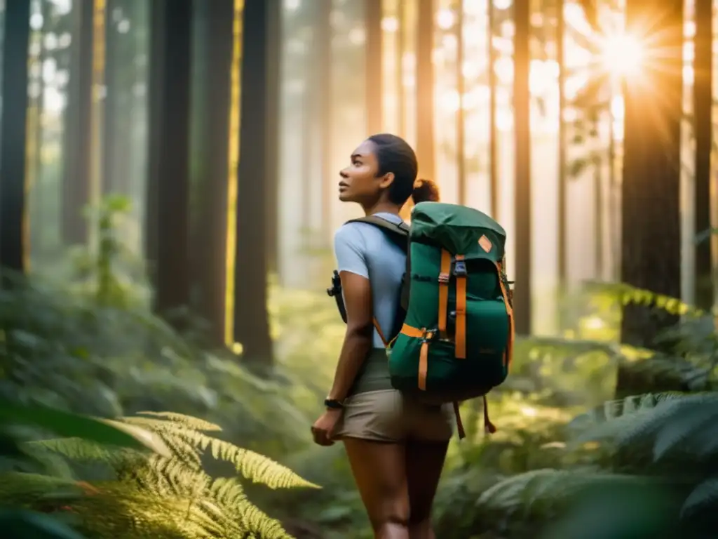 Mujer segura en el bosque, lista para aventuras Mujer segura en bosque, equipo supervivencia, horizonte