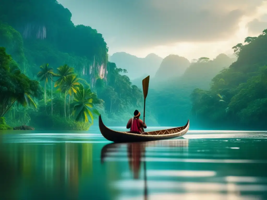 Navegador indígena en canoa Técnicas navegación indígenas sin brújula, navegante solitario en un río tropical con canoa tradicional