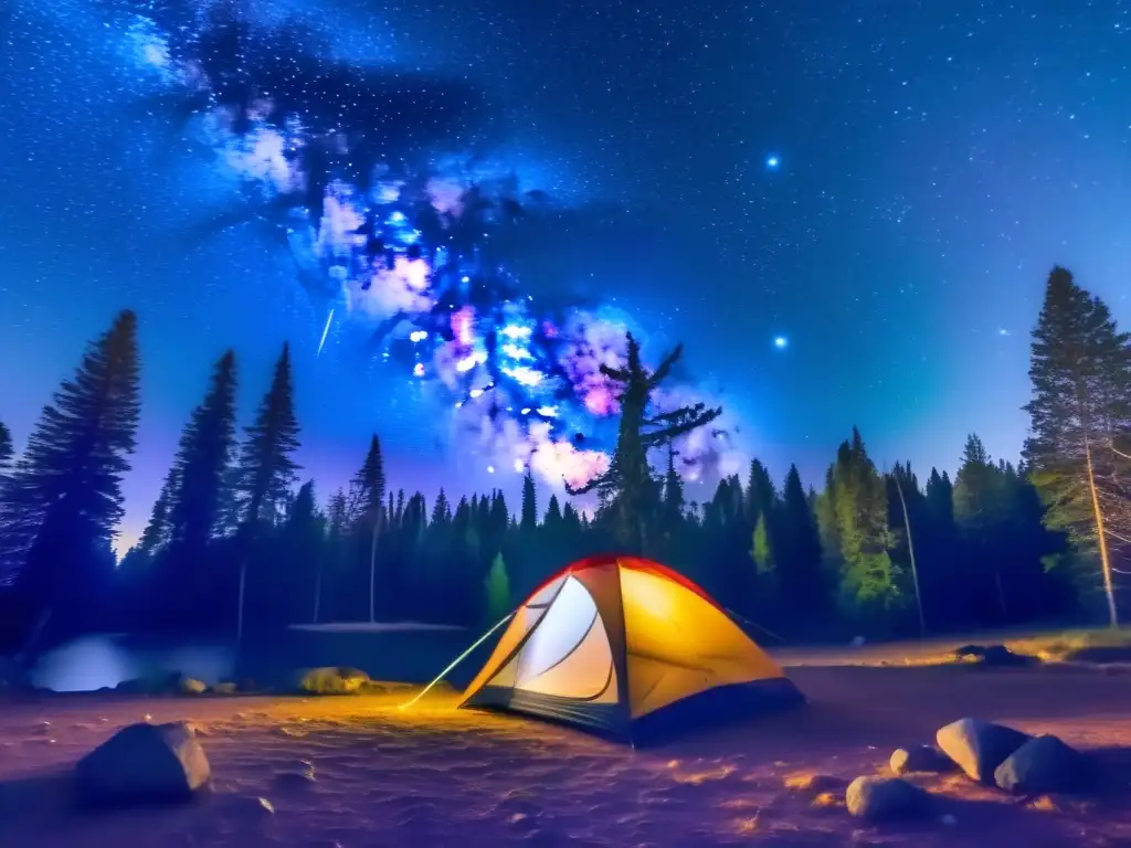 Milky Way camping scene Fotografía de la Vía Láctea en camping: Noche estrellada con tienda de campaña en bosque