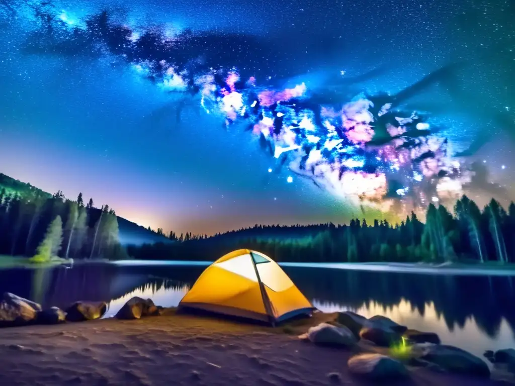 Noche estrellada con campamento bajo árboles altos Zonas de acampada para observación astronómica bajo cielos estrellados y la Vía Láctea, transmitiendo tranquilidad y asombro