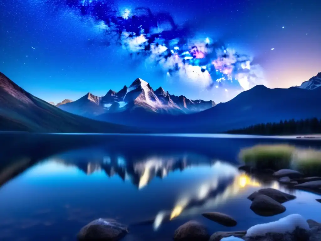 Paisaje nocturno majestuoso Fotografía nocturna paisajes naturaleza: Majestuosa imagen nocturna de una serena cordillera bajo un cielo estrellado