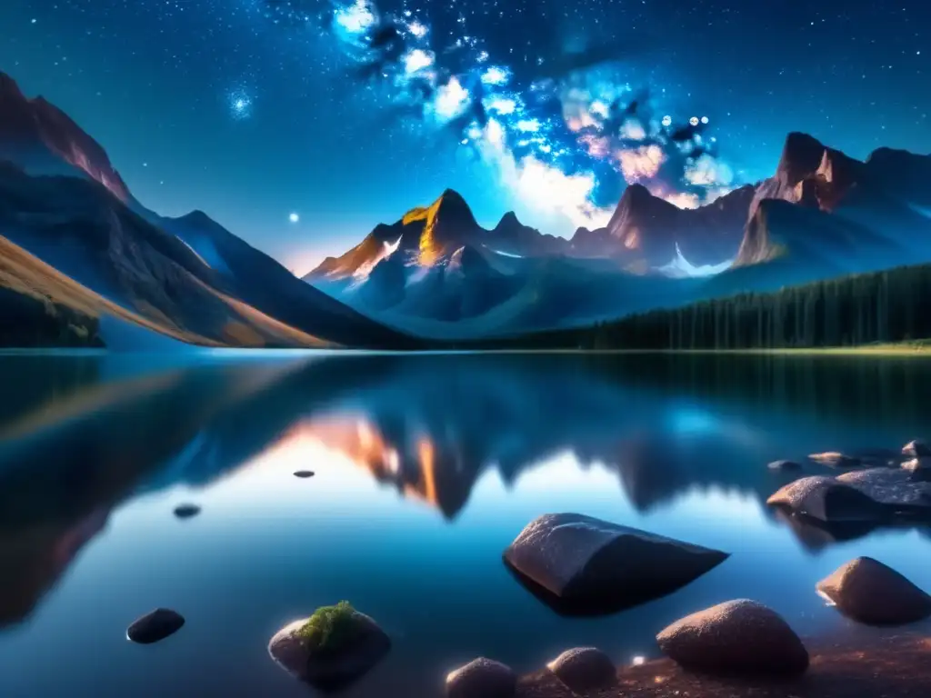 Espectacular paisaje nocturno con la Vía Láctea Fotografía nocturna paisajes naturaleza: Un deslumbrante paisaje nocturno de montañas, lago y cielo estrellado