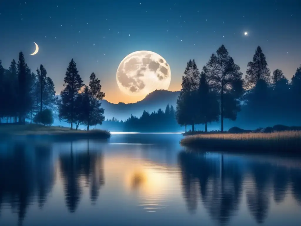 Captura belleza nocturna naturaleza: Lago sereno, árboles majestuosos, cielo oscuro, luna creciente, estrellas misteriosas, atmósfera cautivadora
