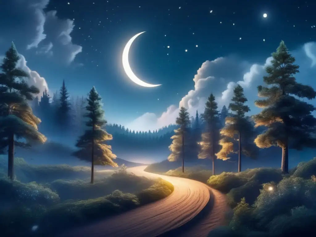Fotografía nocturna avanzada: Escena nocturna mística en un bosque denso con árboles majestuosos, sendero y luciérnagas