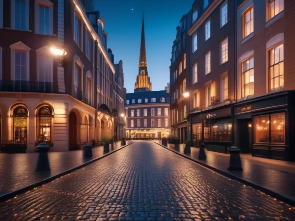 Fotografía nocturna avanzada: Escena nocturna en ciudad vibrante con calles iluminadas, edificios modernos, cielo estrellado y luna llena